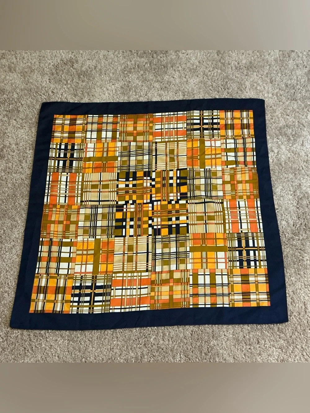 True Vintage 60’s/70’s Navy Blue/Orange/Cream/Brown Plaid Scarf